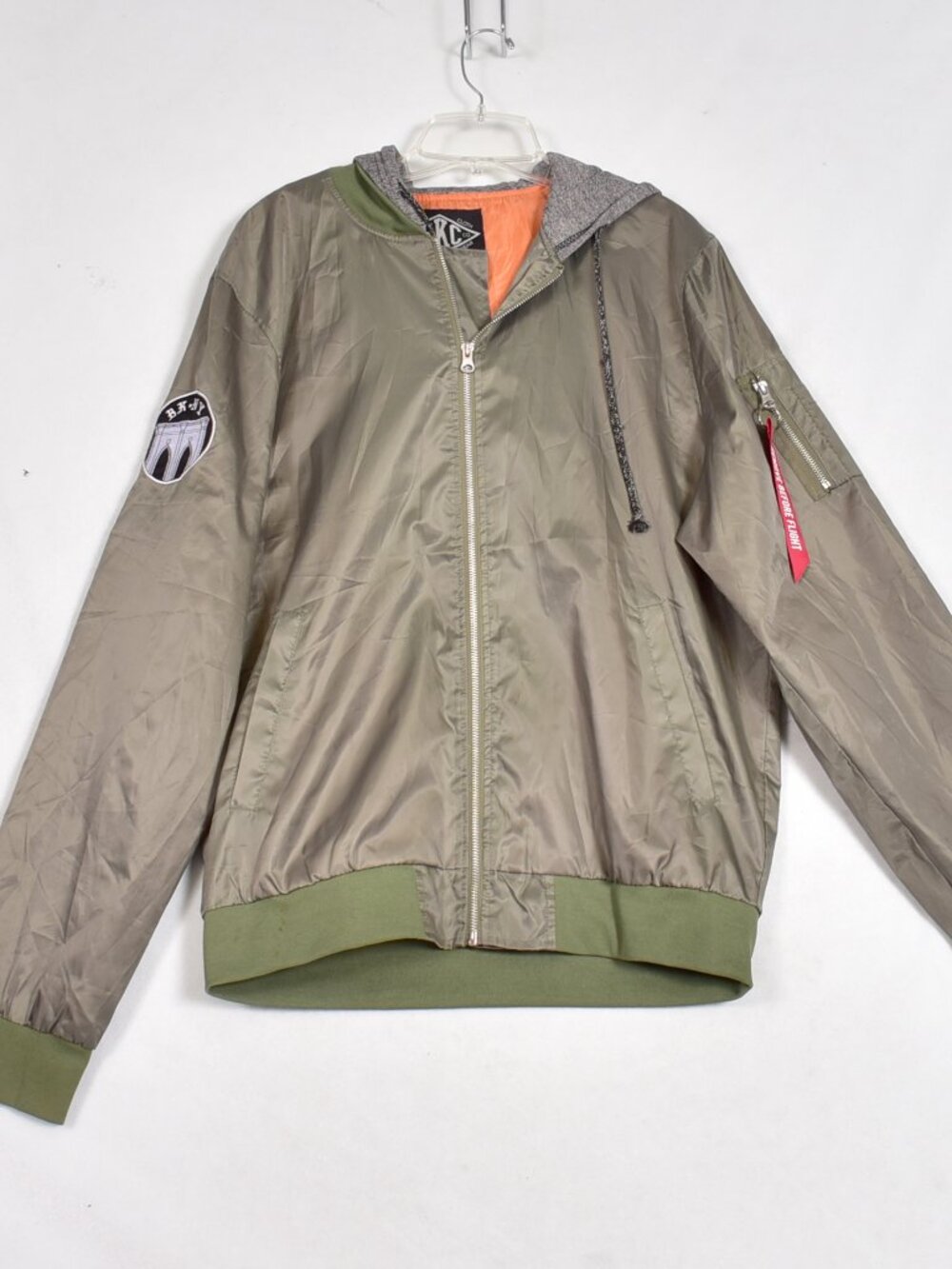 BKC Brooklyn Cloth Work Wear Olive Green Bomber Windbreaker Size Large Hooded